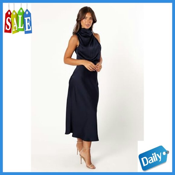 Sleeveless Halter Midi Dress with Button Back, Satin Feel - Picture 7 of 7